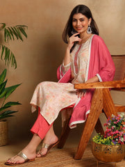 Women Off White Cotton Blend Floral Printed Straight Kurta Trousers With Dupatta-PKSKD2600