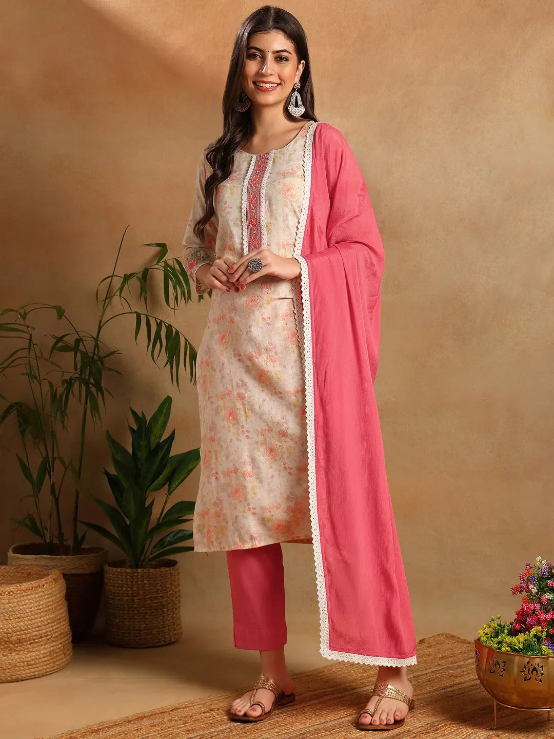 Off White Cotton Women's Kurta Set With Dupatta | Floral Print