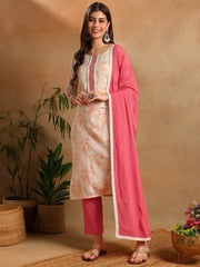 Women Off White Cotton Blend Floral Printed Straight Kurta Trousers With Dupatta-PKSKD2600