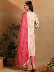 Women Off White Cotton Blend Floral Printed Straight Kurta Trousers With Dupatta-PKSKD2600