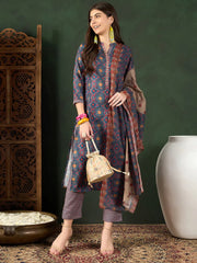 Women Blue Poly Rayon Floral Printed Straight Kurta Trouser With Dupatta-PKSKD2606