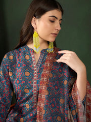 Women Blue Poly Rayon Floral Printed Straight Kurta Trouser With Dupatta-PKSKD2606