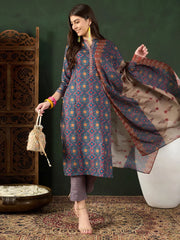 Women Blue Poly Rayon Floral Printed Straight Kurta Trouser With Dupatta-PKSKD2606
