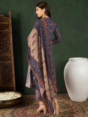 Women Blue Poly Rayon Floral Printed Straight Kurta Trouser With Dupatta-PKSKD2606