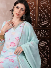 Women Blue Polyester Floral Printed Straight Kurta Trouser With Dupatta-PKSKD2607
