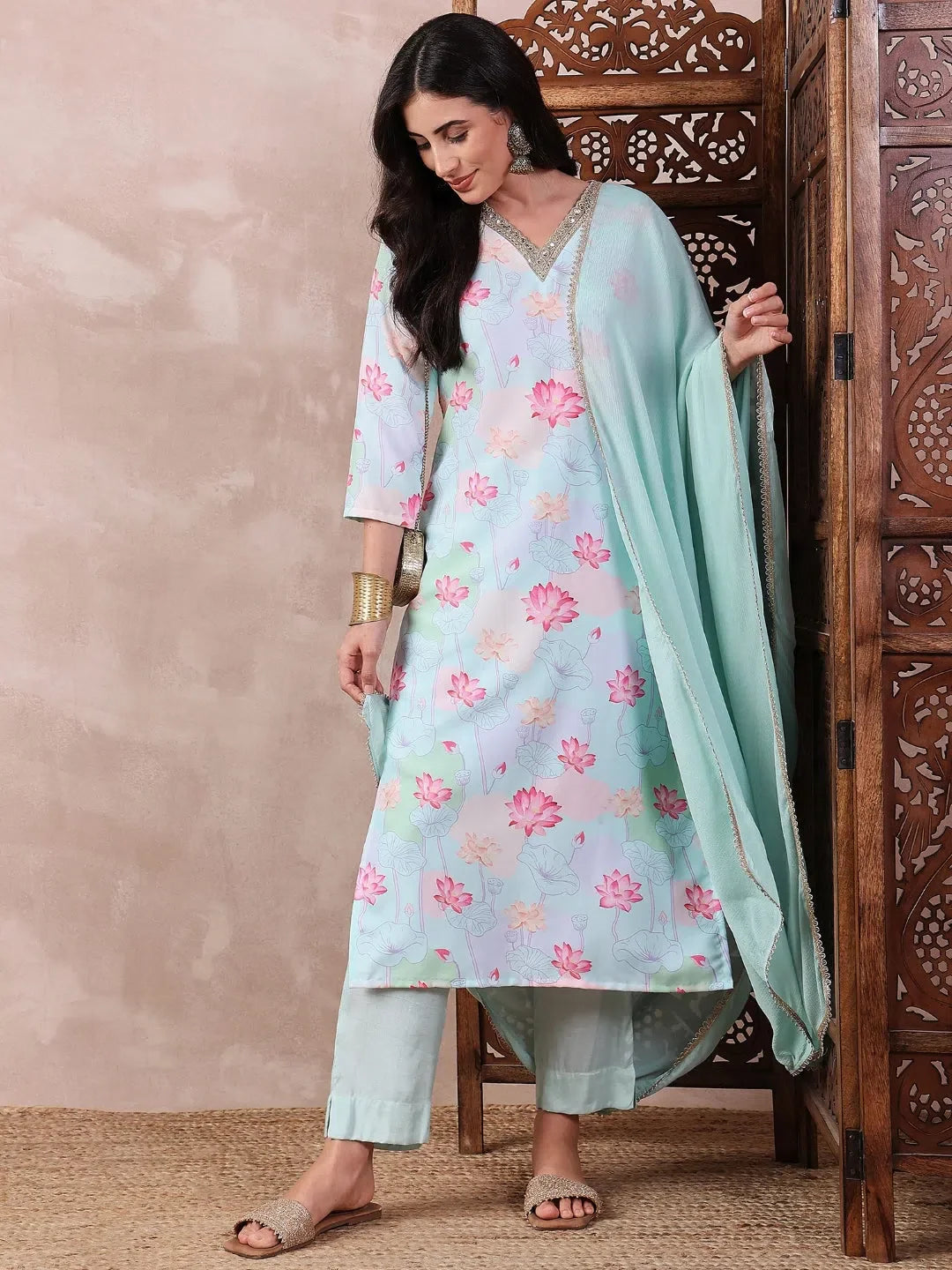 Blue Floral Kurta Set with Dupatta | Women Indian Kurta Sets - Style 1