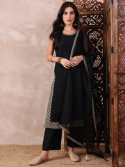 Women Black Silk Blend Solid Embroidered Straight Kurta Trouser With Dupatta-PKSKD2608