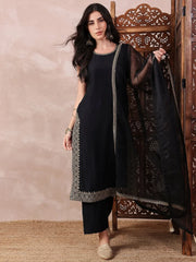 Women Black Silk Blend Solid Embroidered Straight Kurta Trouser With Dupatta-PKSKD2608