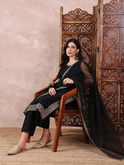 Women Black Silk Blend Solid Embroidered Straight Kurta Trouser With Dupatta-PKSKD2608