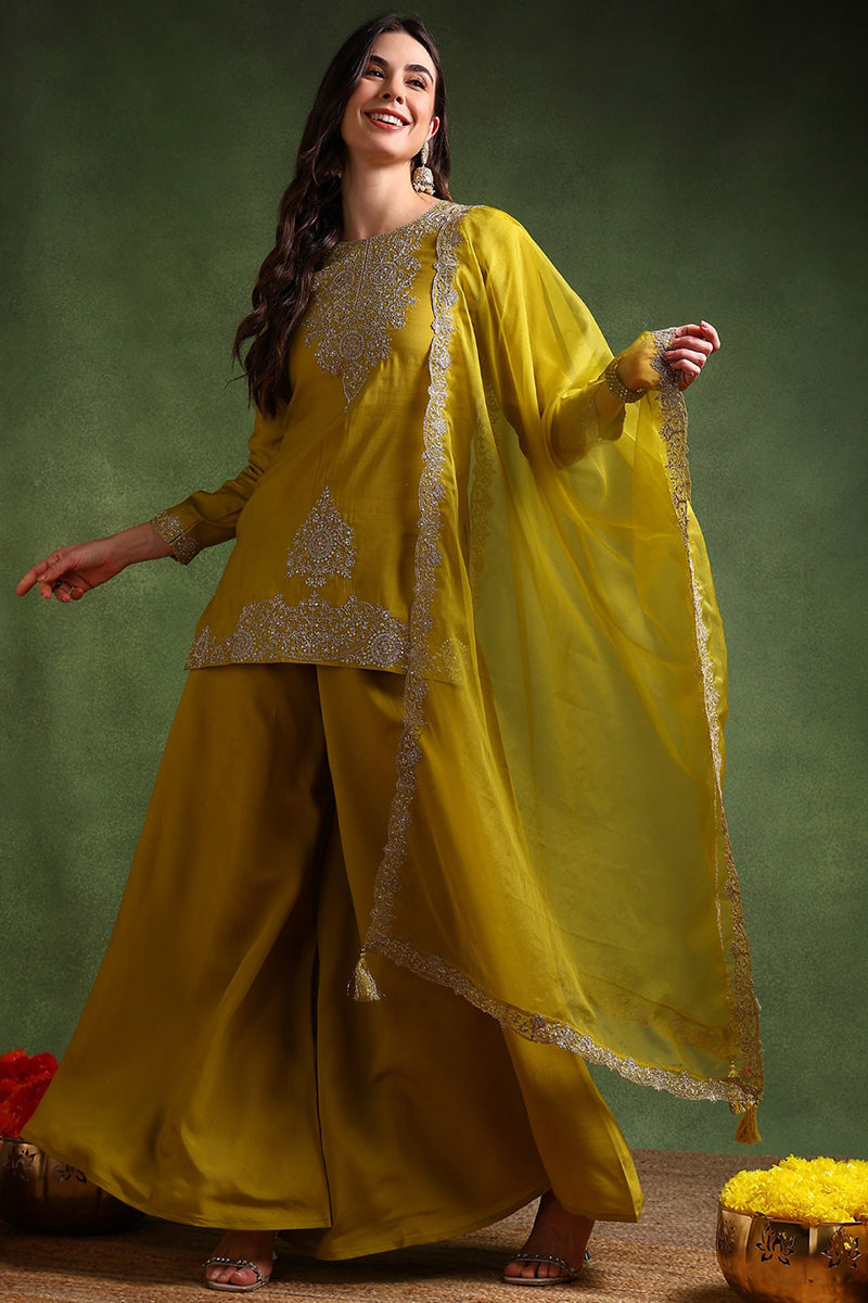 Lime Green Silk Blend Embroidered Straight Palazzo Suit Set PKSKD2609 