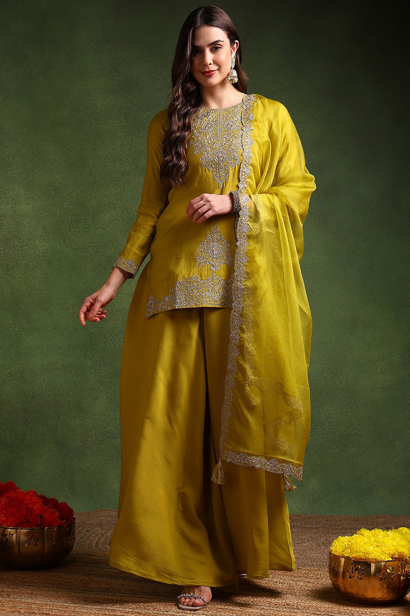 Lime Green Silk Blend Embroidered Straight Palazzo Suit Set PKSKD2609 