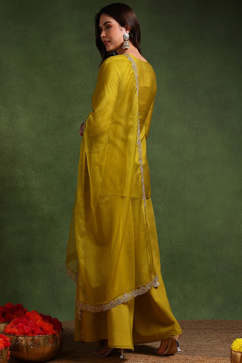 Lime Green Silk Blend Embroidered Straight Palazzo Suit Set PKSKD2609 