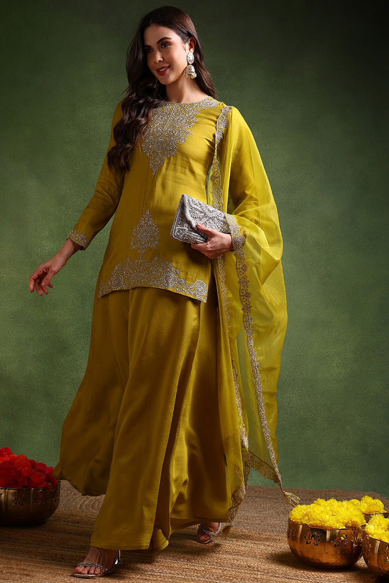 Lime Green Silk Blend Embroidered Straight Palazzo Suit Set PKSKD2609 