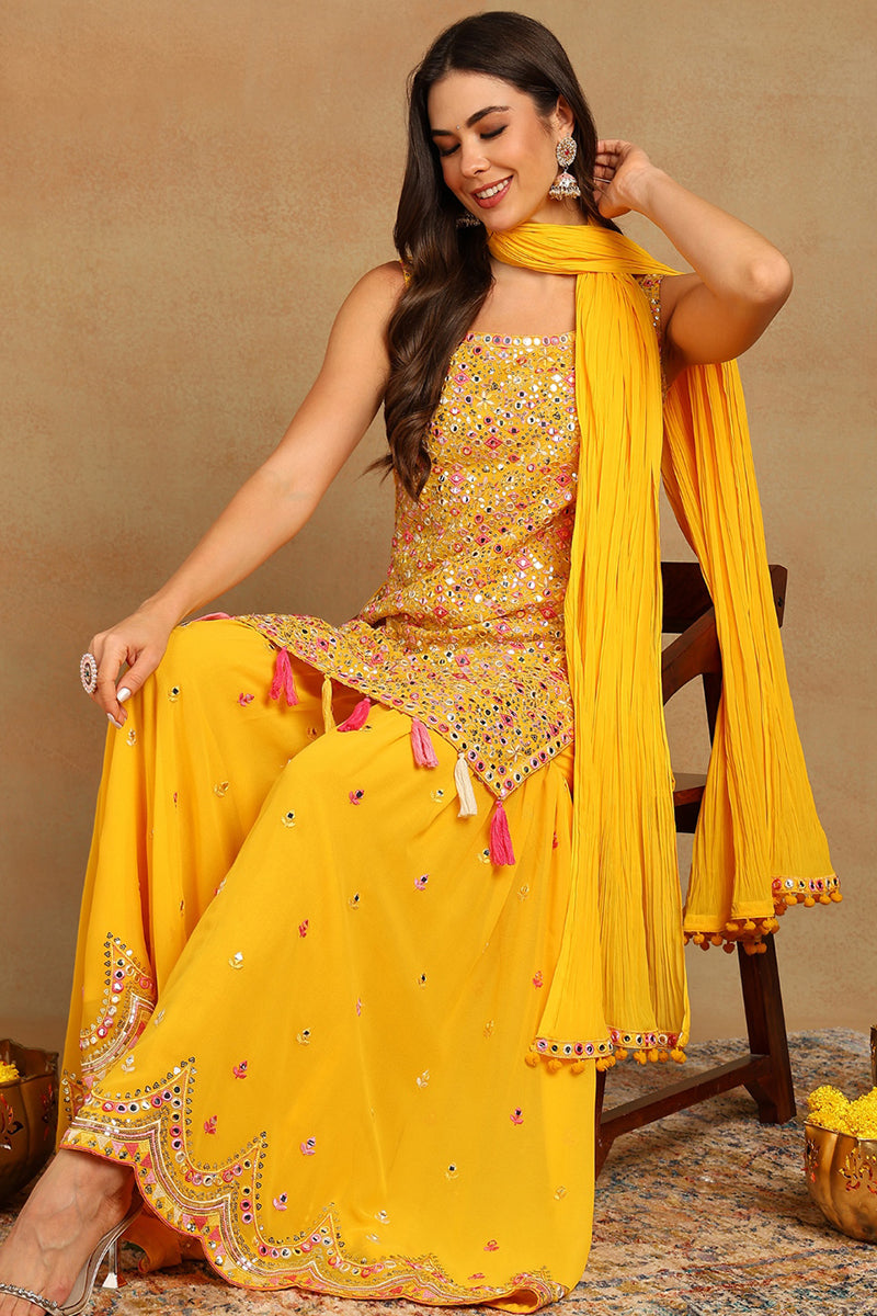 Yellow Georgette Solid Embroidered Straight Suit Set PKSKD2617 | DesiQ