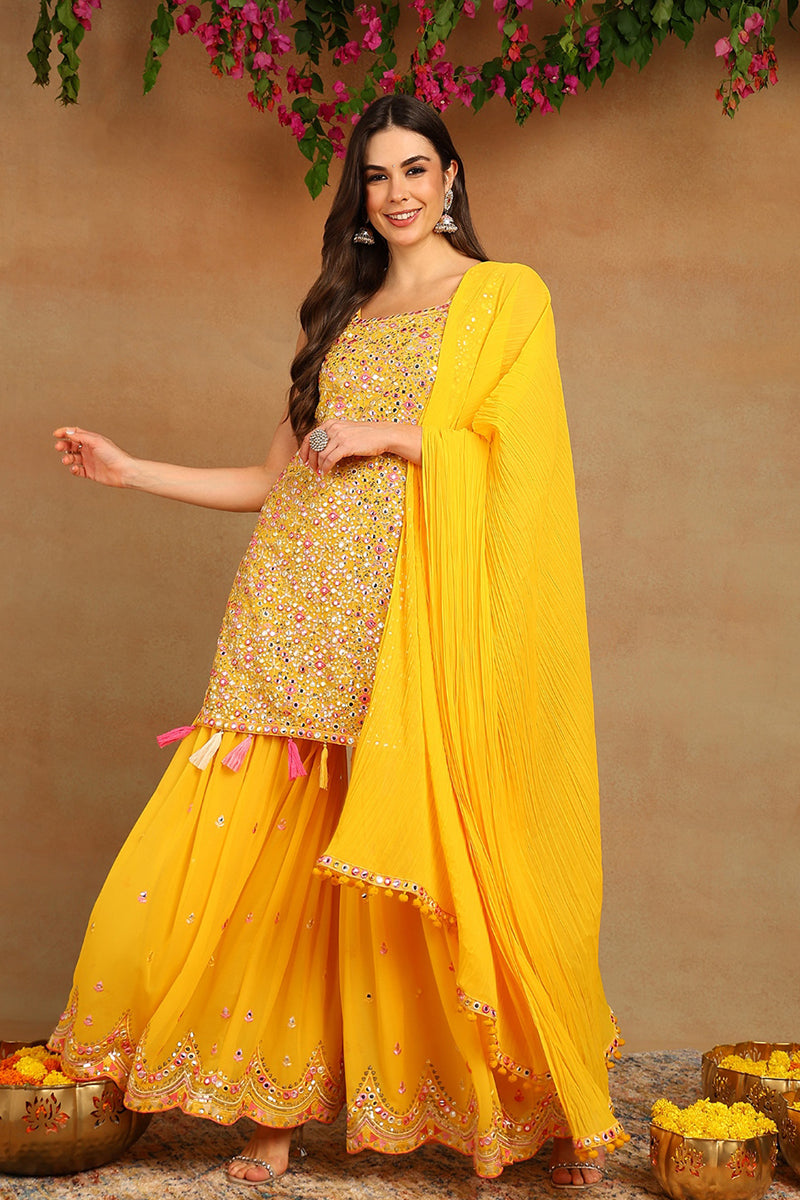 Yellow Georgette Solid Embroidered Straight Suit Set PKSKD2617 | DesiQ