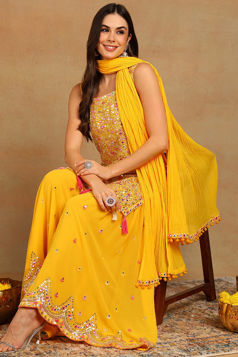 Yellow Georgette Solid Embroidered Straight Suit Set PKSKD2617 | DesiQ