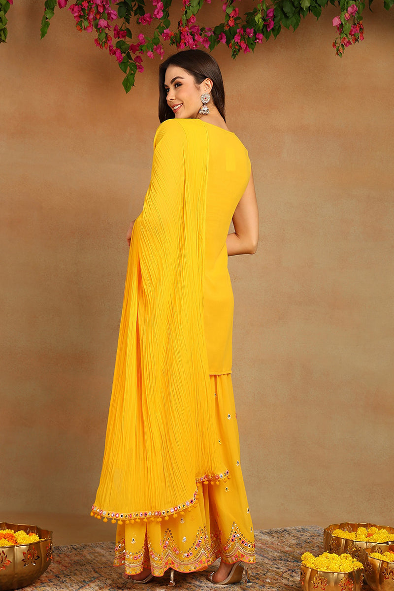 Yellow Georgette Solid Embroidered Straight Suit Set PKSKD2617 | DesiQ