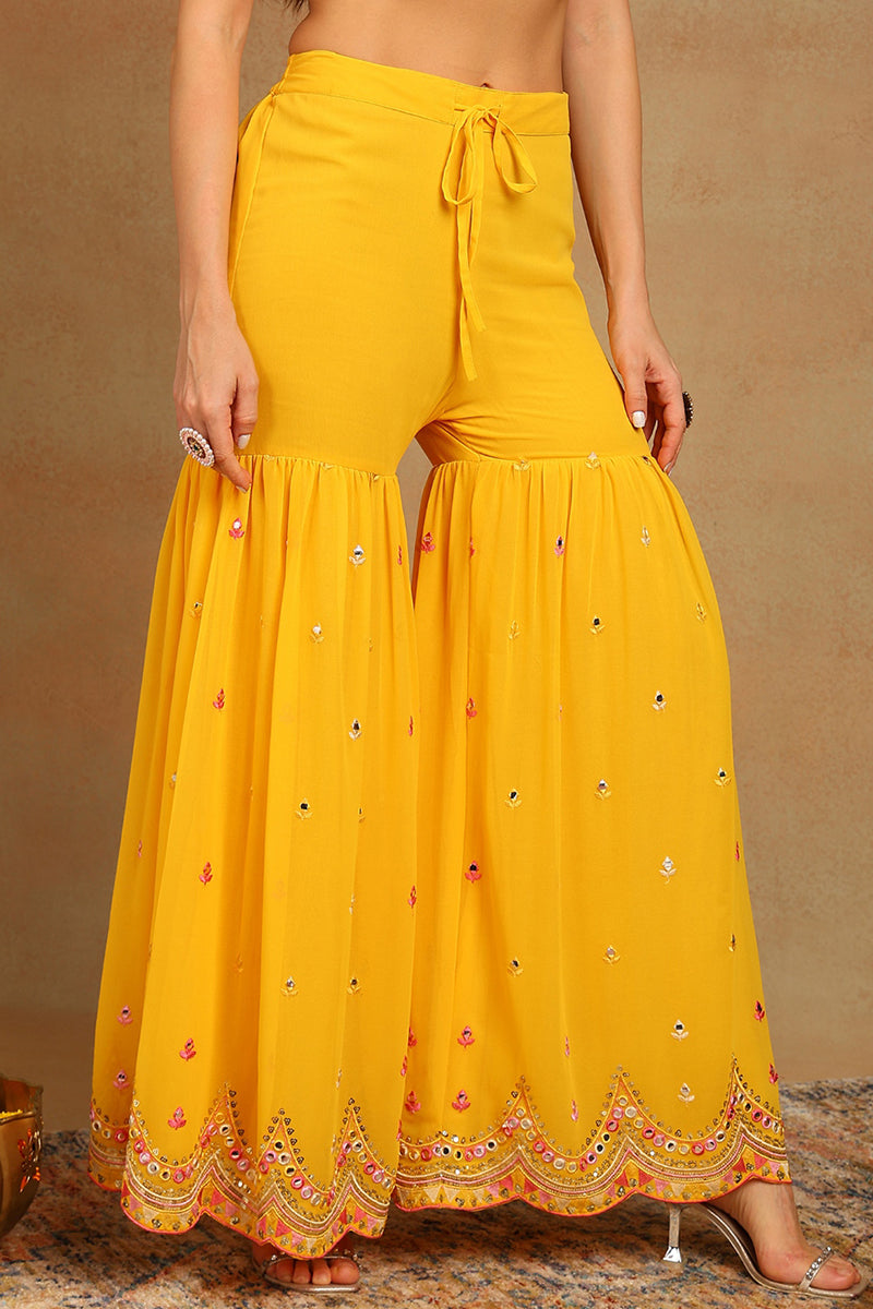 Yellow Georgette Solid Embroidered Straight Suit Set PKSKD2617 | DesiQ