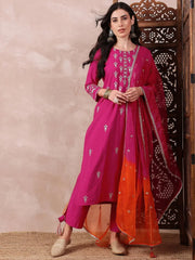 Women Pink Silk Blend Solid Embroidered Straight Kurta Trouser With Dupatta-PKSKD2618