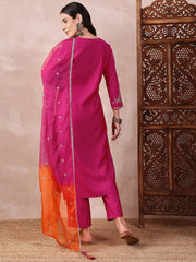 Women Pink Silk Blend Solid Embroidered Straight Kurta Trouser With Dupatta-PKSKD2618