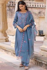 Blue Silk Blend Solid Embroidered Straight Trouser Bottom Suit Set PKSKD2634