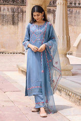 Blue Silk Blend Solid Embroidered Straight Trouser Bottom Suit Set PKSKD2634