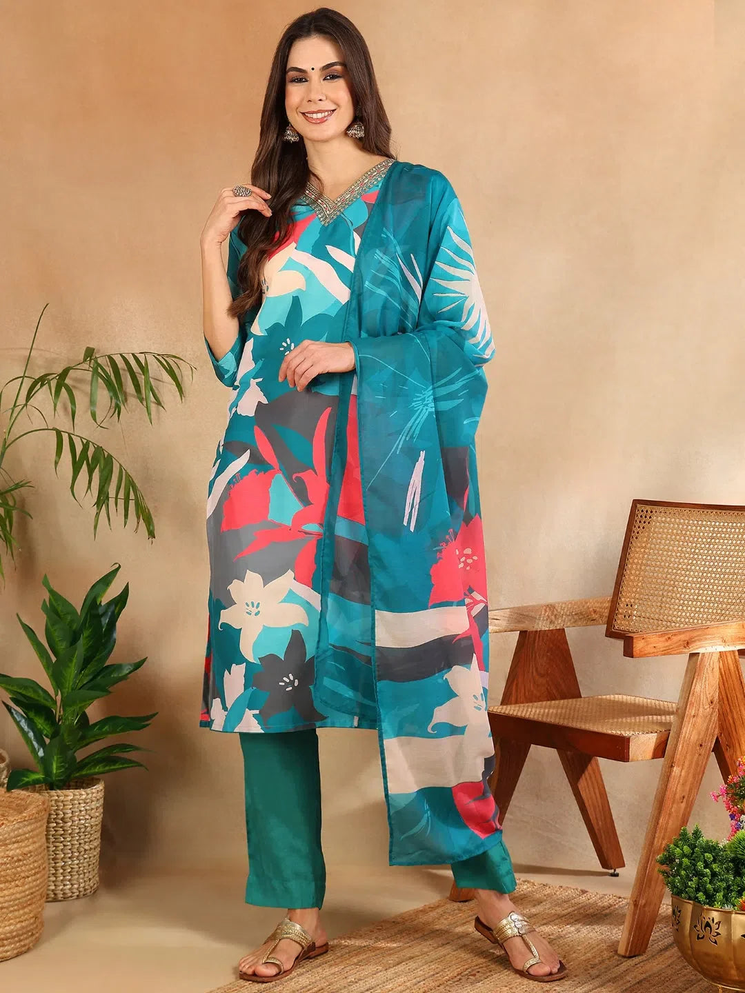 Teal Floral Printed Kurta Set with Dupatta | Women's Indian Sets
