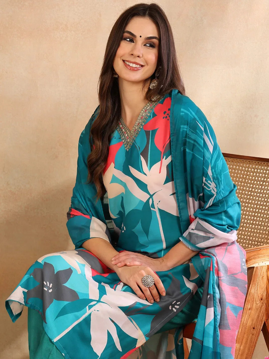Teal Floral Printed Kurta Set with Dupatta | Women's Indian Sets