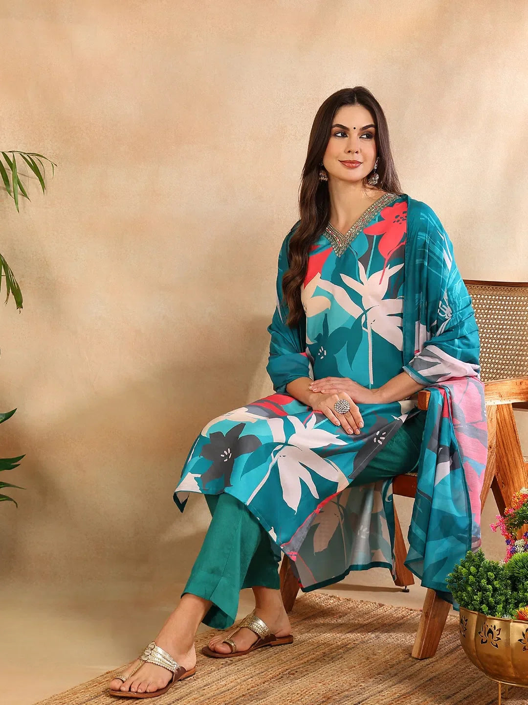 Teal Floral Printed Kurta Set with Dupatta | Women's Indian Sets