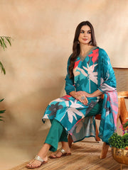 Women Teal Silk Blend Floral Printed Straight Kurta Trouser With Dupatta-PKSKD2639