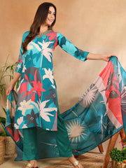 Women Teal Silk Blend Floral Printed Straight Kurta Trouser With Dupatta-PKSKD2639