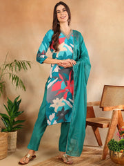 Women Teal Silk Blend Floral Printed Straight Kurta Trouser With Dupatta-PKSKD2643