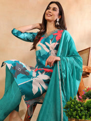 Women Teal Silk Blend Floral Printed Straight Kurta Trouser With Dupatta-PKSKD2643