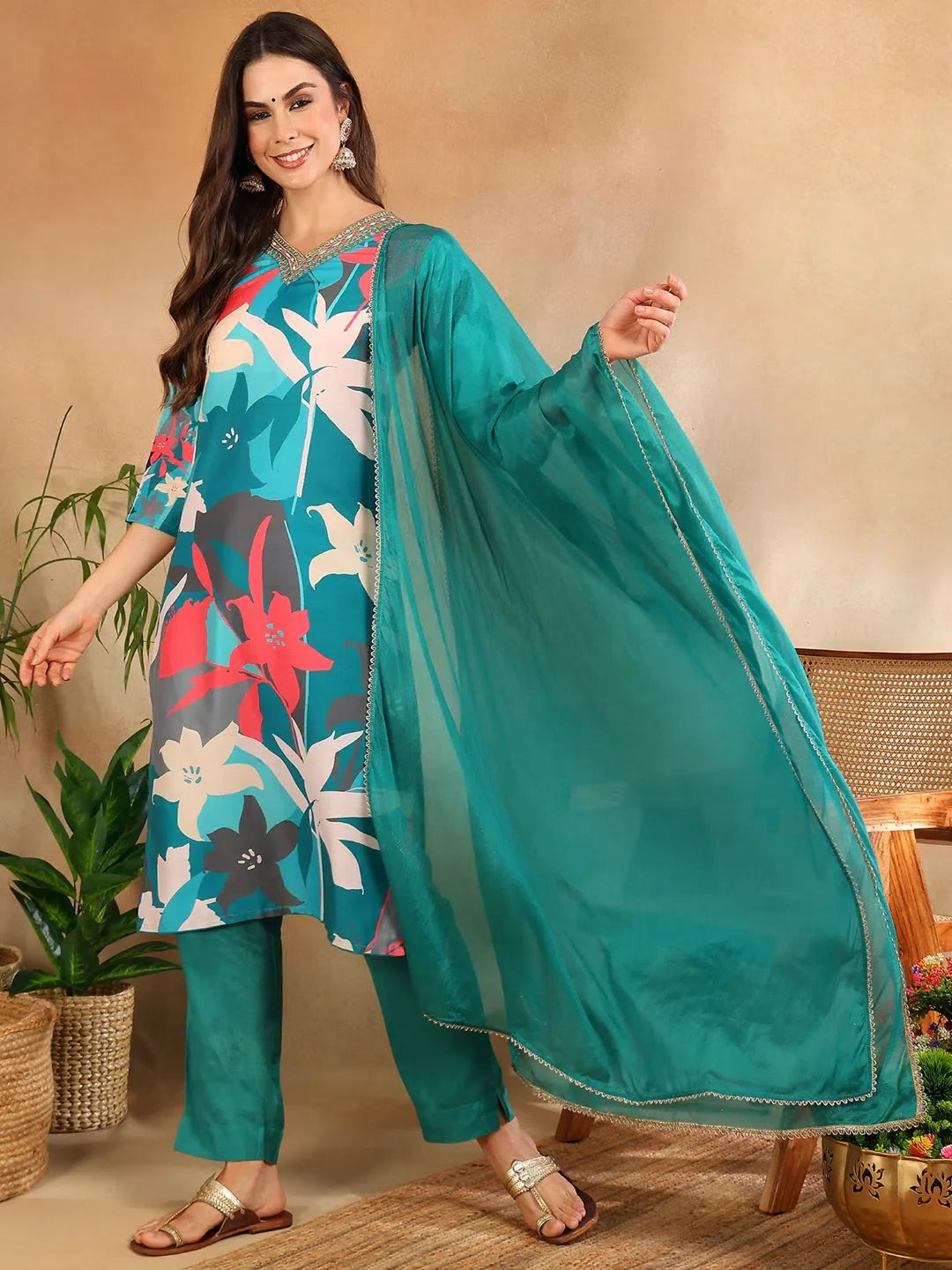 Soft Teal Floral Printed Kurta Set with Dupatta | Women's Indian Sets