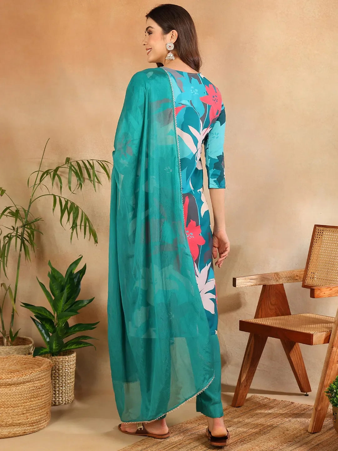 Soft Teal Floral Printed Kurta Set with Dupatta | Women's Indian Sets