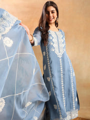 Women Blue Organza Solid Embroidered Straight Kurta Trousers With Dupatta-PKSKD2645