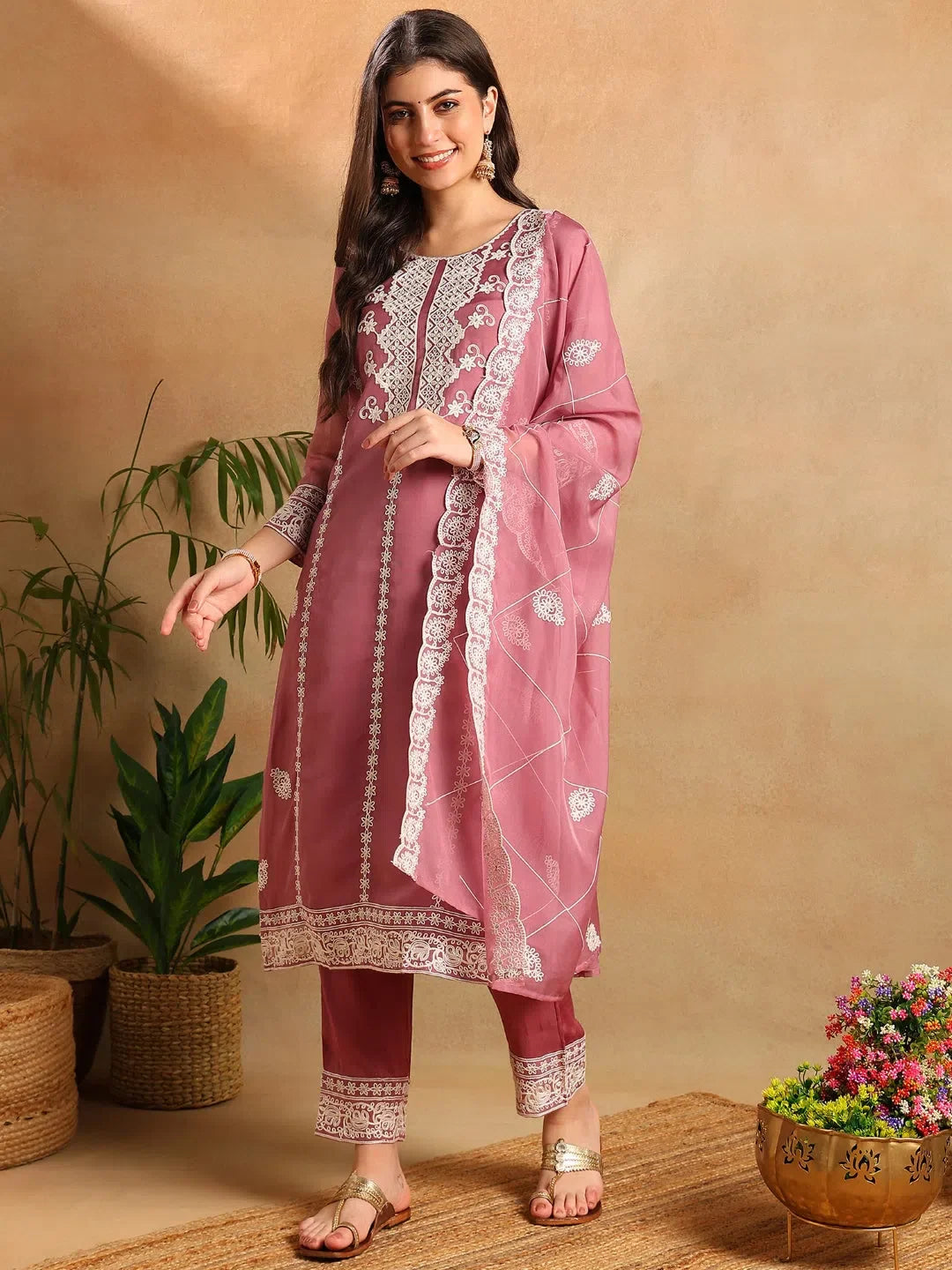 Pink Embroidered Women's Designer Kurta Set with Dupatta