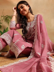 Women Pink Organza Solid Embroidered Straight Kurta Trousers With Dupatta-PKSKD2646