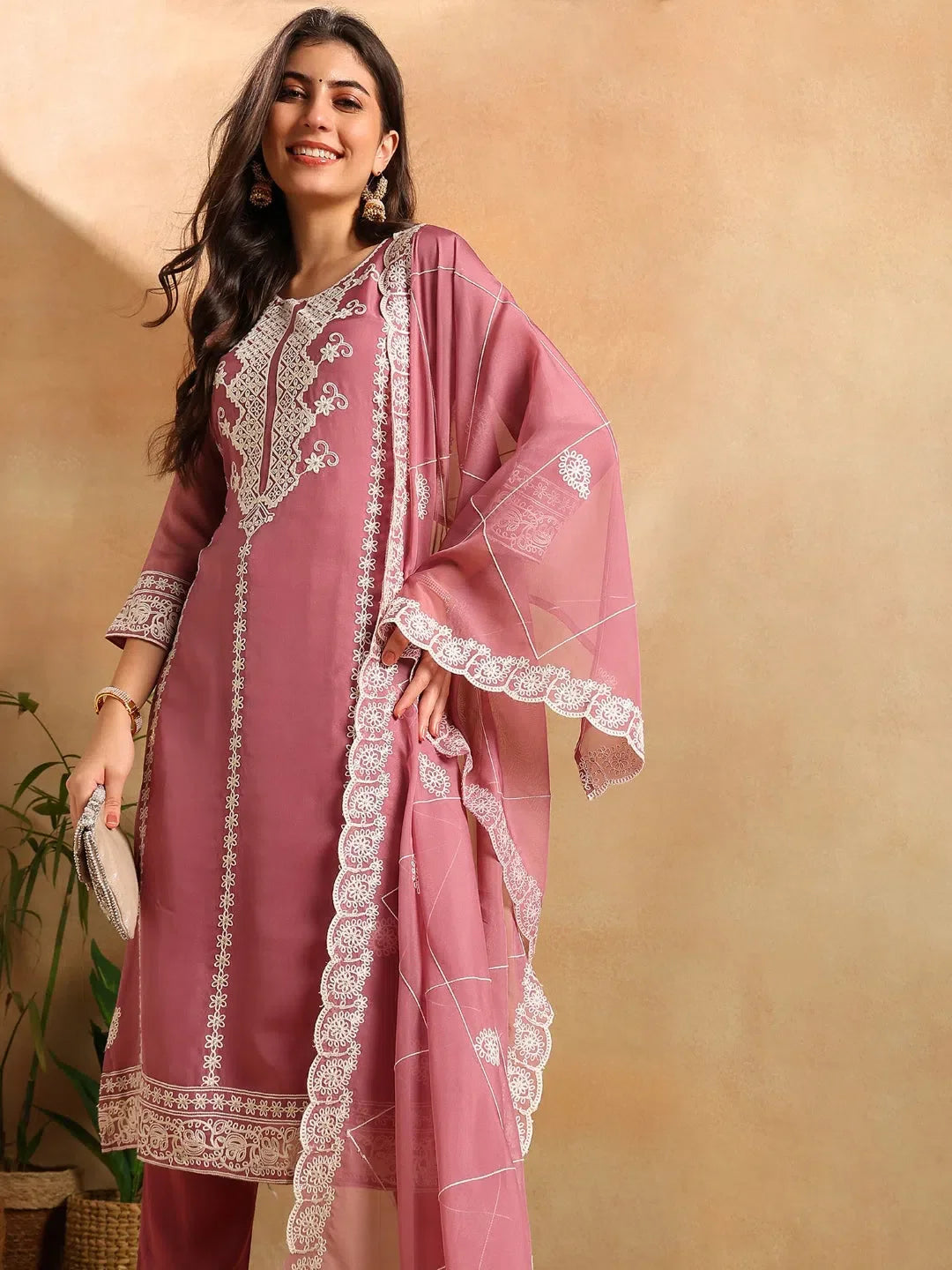 Pink Embroidered Women's Designer Kurta Set with Dupatta