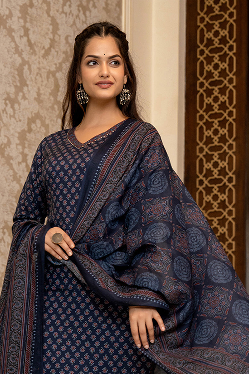 Navy Blue Rayon Blend Ajrakh Printed Straight Trouser Suit Set PKSKD26