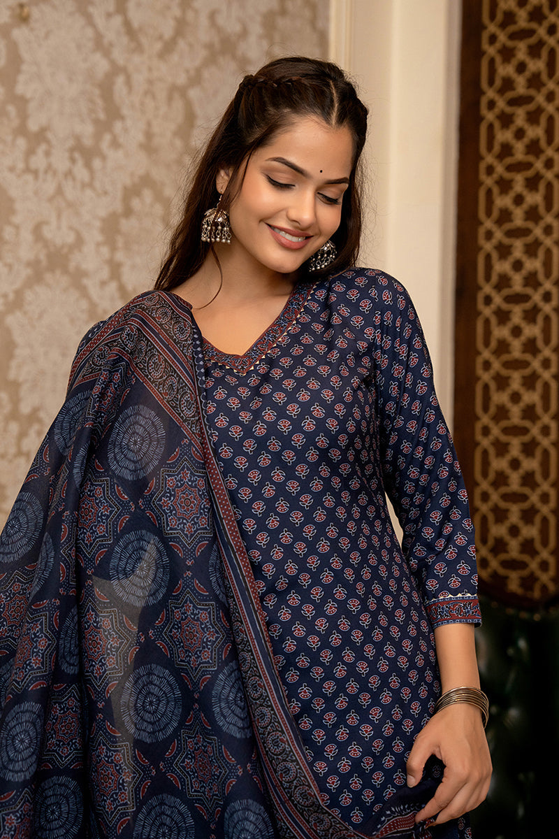 Navy Blue Rayon Blend Ajrakh Printed Straight Trouser Suit Set PKSKD26