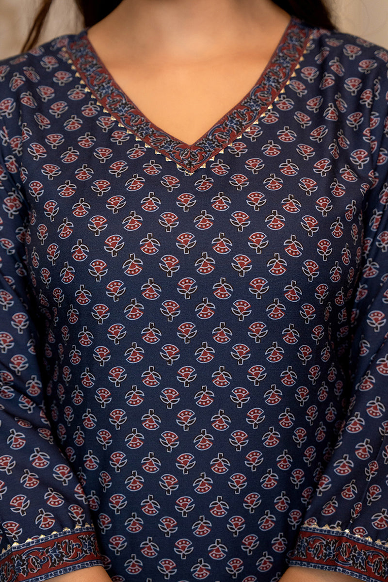 Navy Blue Rayon Blend Ajrakh Printed Straight Trouser Suit Set PKSKD26