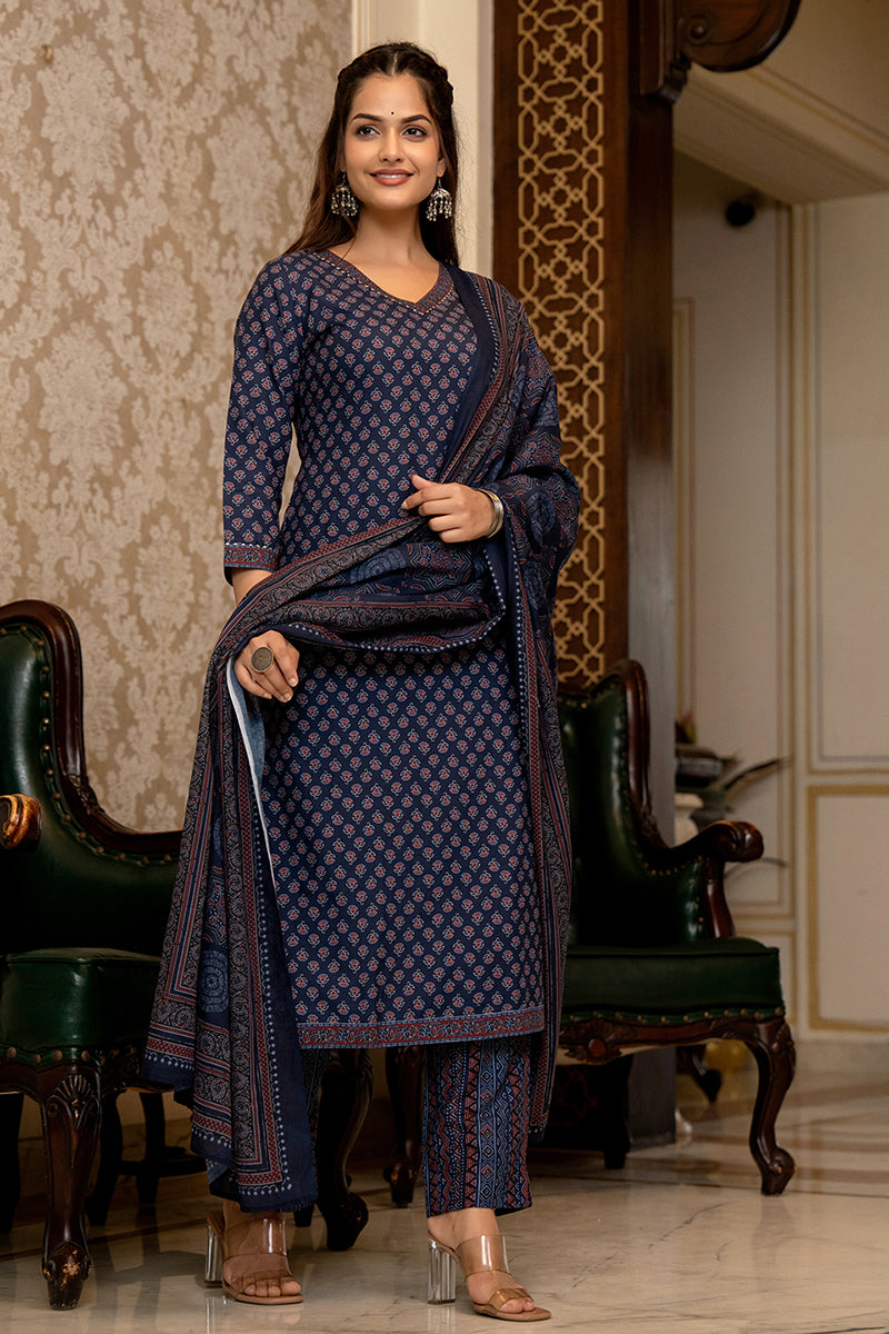 Navy Blue Rayon Blend Ajrakh Printed Straight Trouser Suit Set PKSKD26