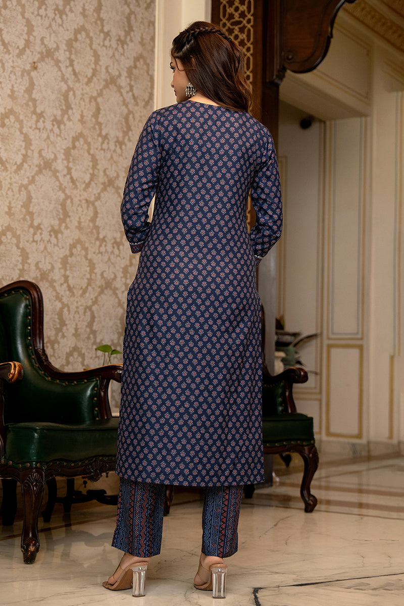 Navy Blue Rayon Blend Ajrakh Printed Straight Trouser Suit Set PKSKD26