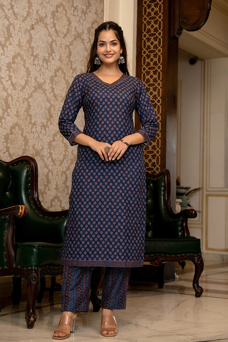 Navy Blue Rayon Blend Ajrakh Printed Straight Trouser Suit Set PKSKD26