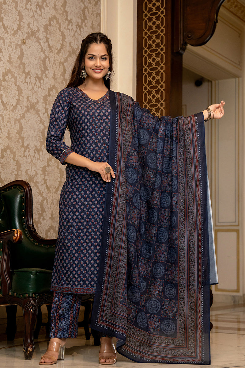 Navy Blue Rayon Blend Ajrakh Printed Straight Trouser Suit Set PKSKD26