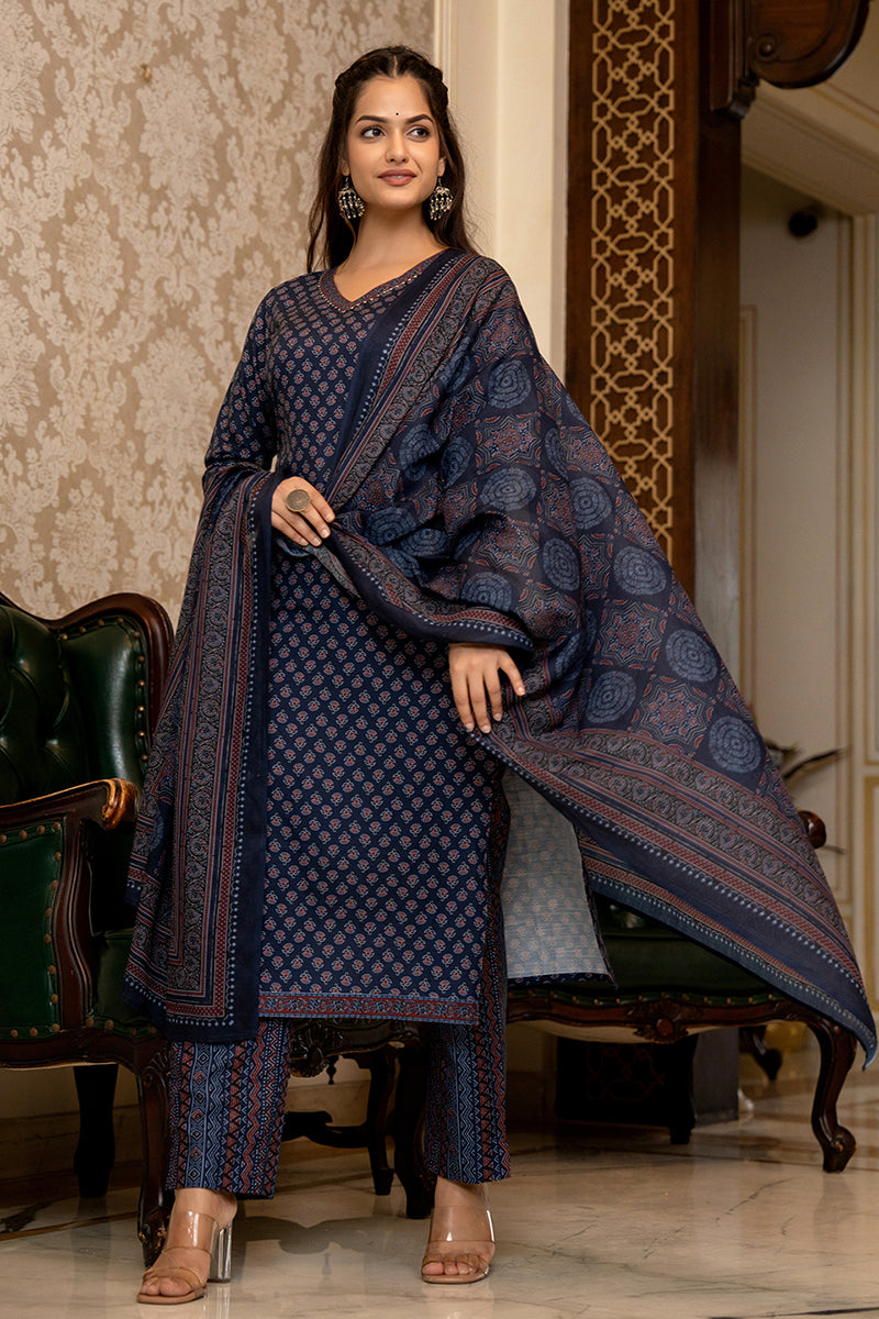 Navy Blue Rayon Blend Ajrakh Printed Straight Trouser Suit Set PKSKD26