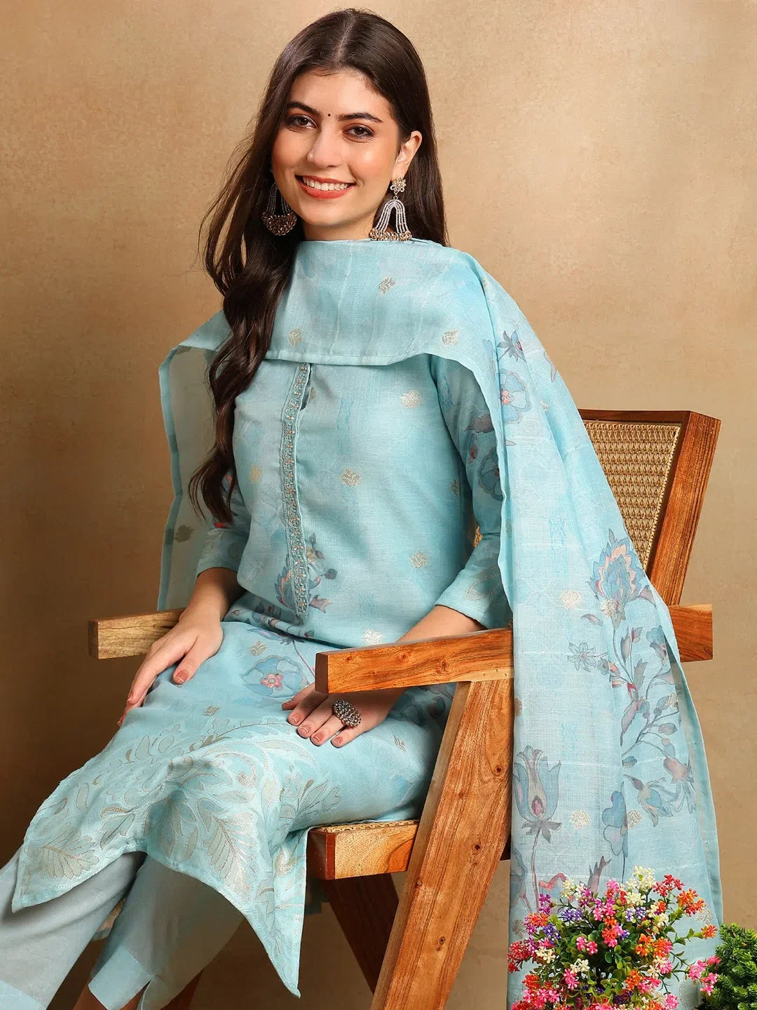 Blue Linen Women's Kurta Set With Dupatta | Indian Kurta Sets
