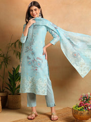 Women Blue Linen Blend Floral Woven Design Straight Kurta Trousers With Dupatta-PKSKD2649