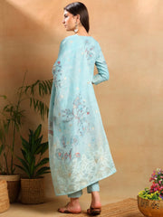 Women Blue Linen Blend Floral Woven Design Straight Kurta Trousers With Dupatta-PKSKD2649
